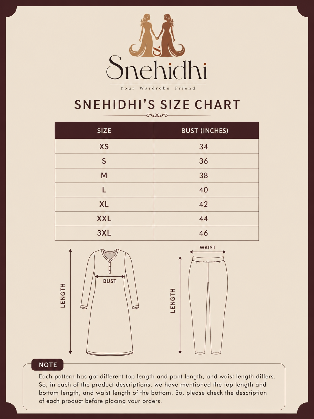 Size Charts for Coords and Suit Sets